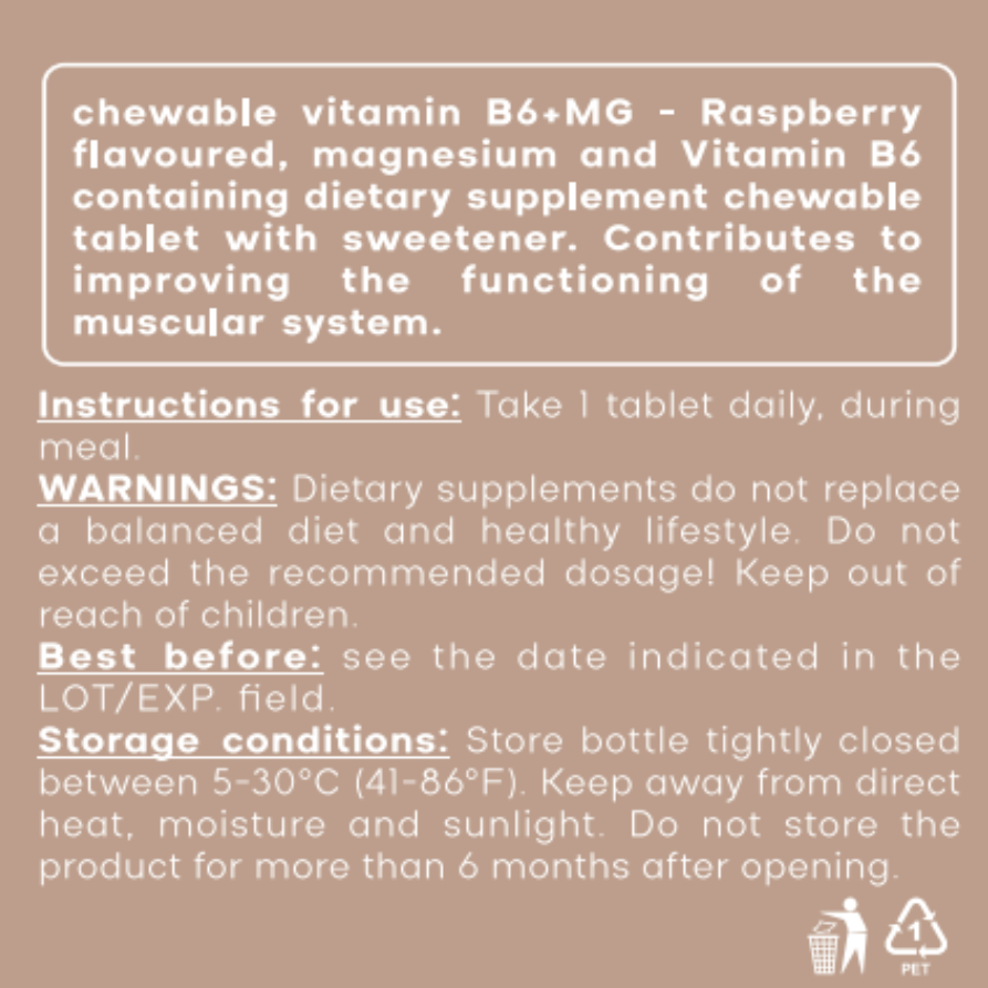 Magnesium & B6 Vitamin Supplement for Nervous System and Muscle Function, 48g, 30 Chewable Tablets