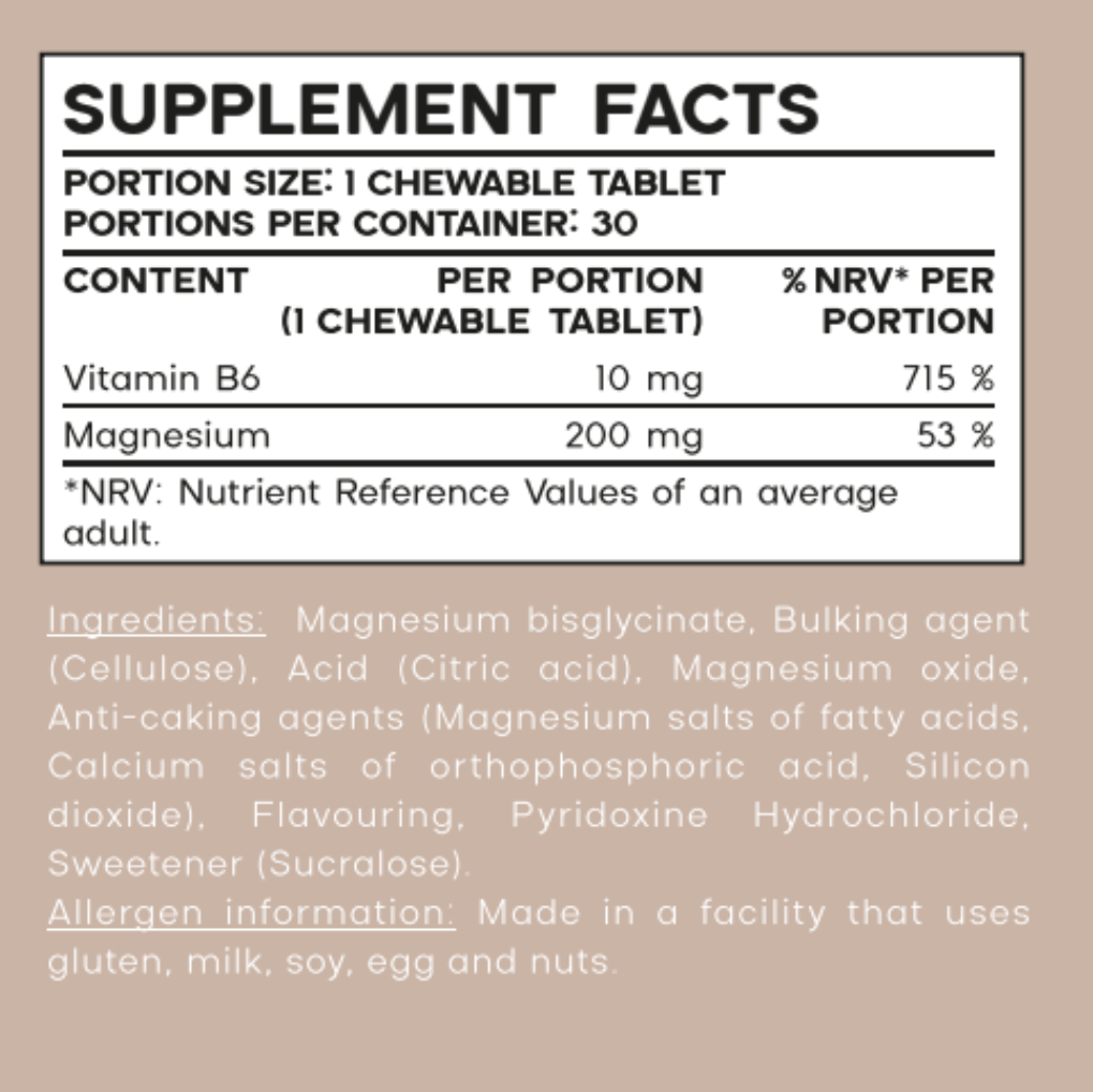 Magnesium & B6 Vitamin Supplement for Nervous System and Muscle Function, 48g, 30 Chewable Tablets