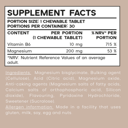 Magnesium & B6 Vitamin Supplement for Nervous System and Muscle Function, 48g, 30 Chewable Tablets