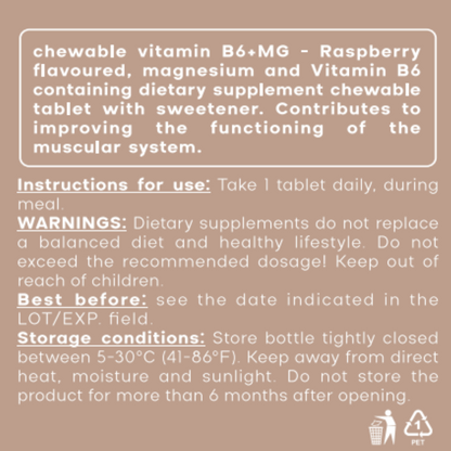 Magnesium & B6 Vitamin Supplement for Nervous System and Muscle Function, 48g, 30 Chewable Tablets