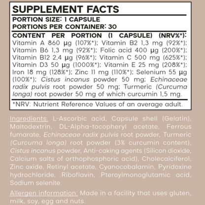 Immune Capsules with Vitamin C, D3 & Zinc for Immune System Support, 35g, 30 Capsules