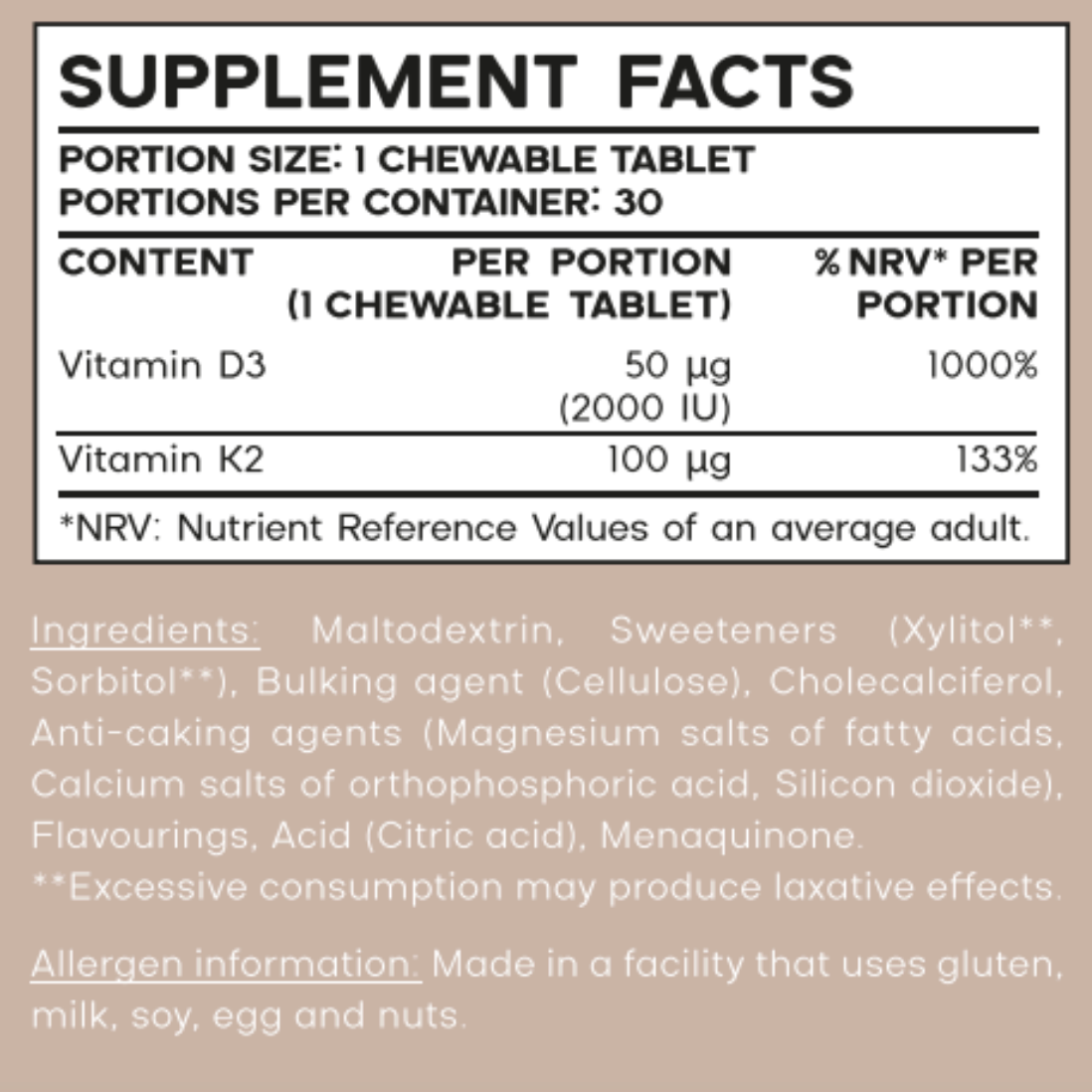 Chewable Vitamin D3 + K2 for Bone and Cardiovascular Support, Green Apple Flavor, 15g, 30 Tablets