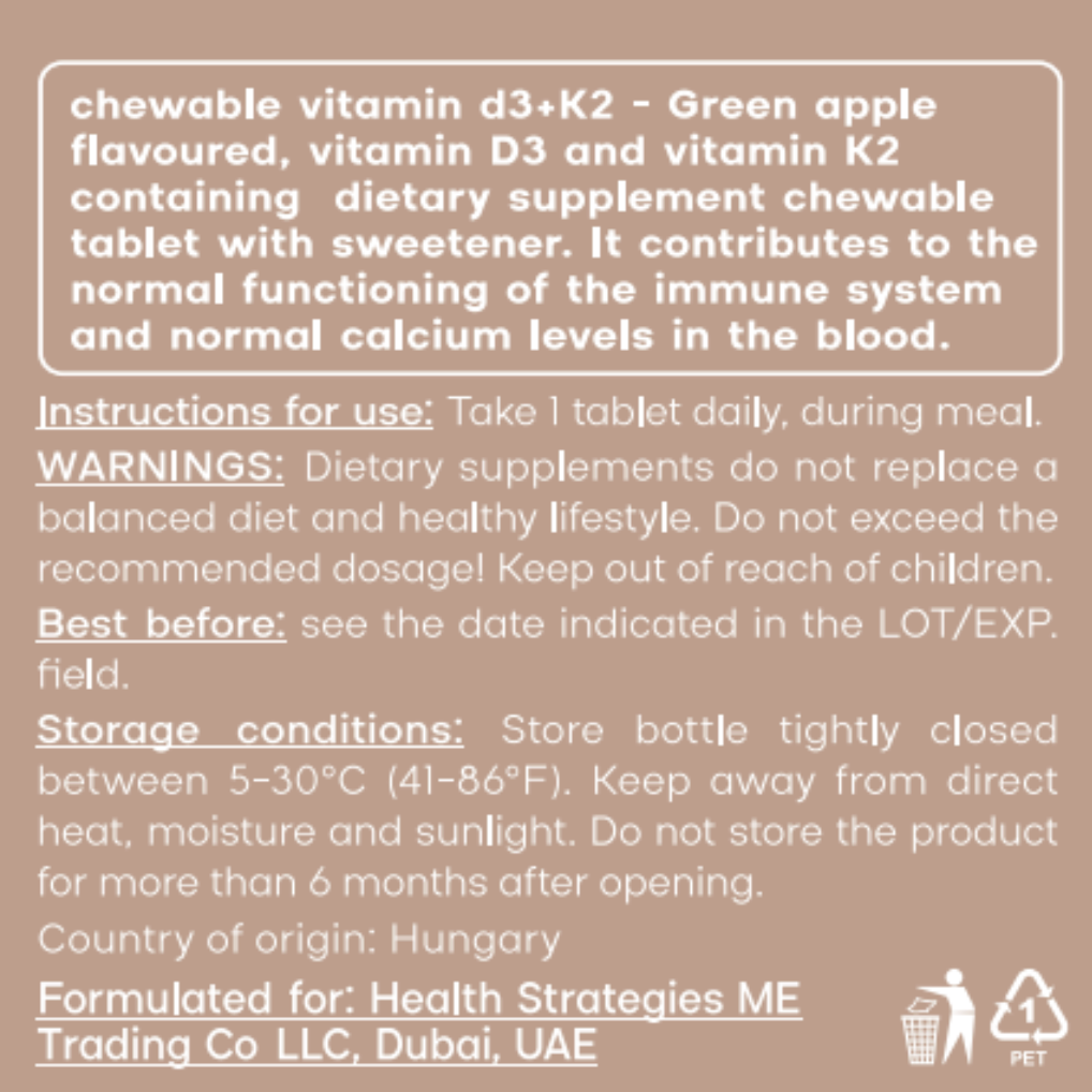 Chewable Vitamin D3 + K2 for Bone and Cardiovascular Support, Green Apple Flavor, 15g, 30 Tablets