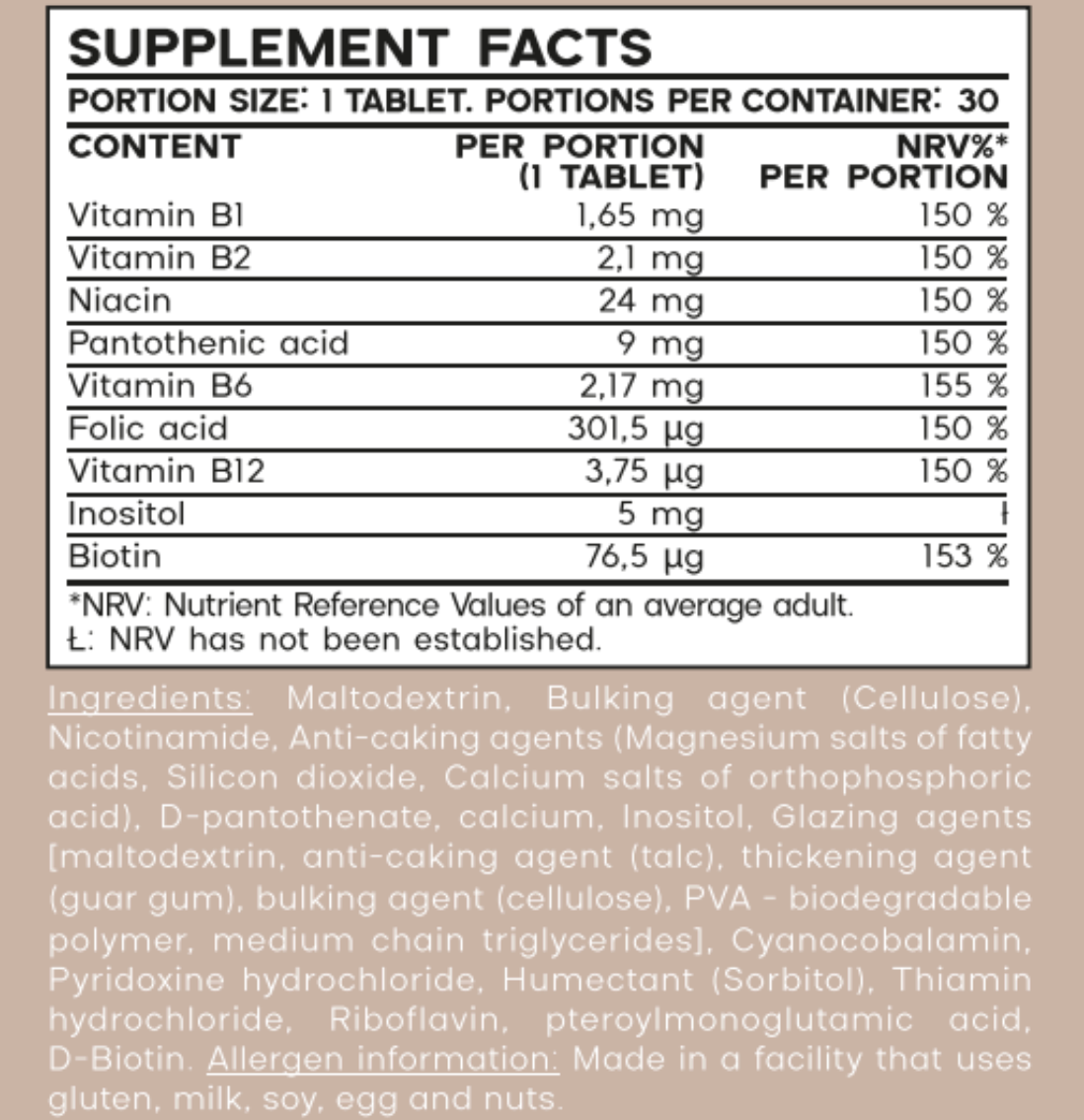 Vitamin B-Complex tablets for Energy Metabolism and Nervous System Support, 14g, 30 tablets