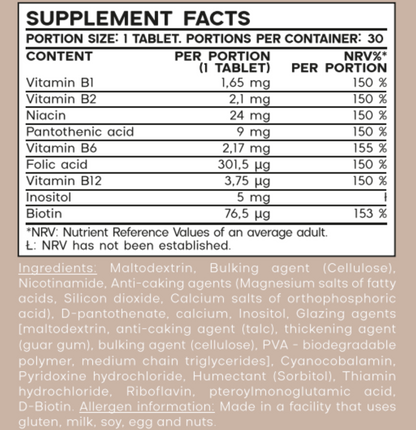 Vitamin B-Complex tablets for Energy Metabolism and Nervous System Support, 14g, 30 tablets