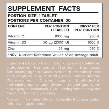 Vitamin C, D3 & Zinc for Triple Action Immune Support, 52g, 30 Tablets