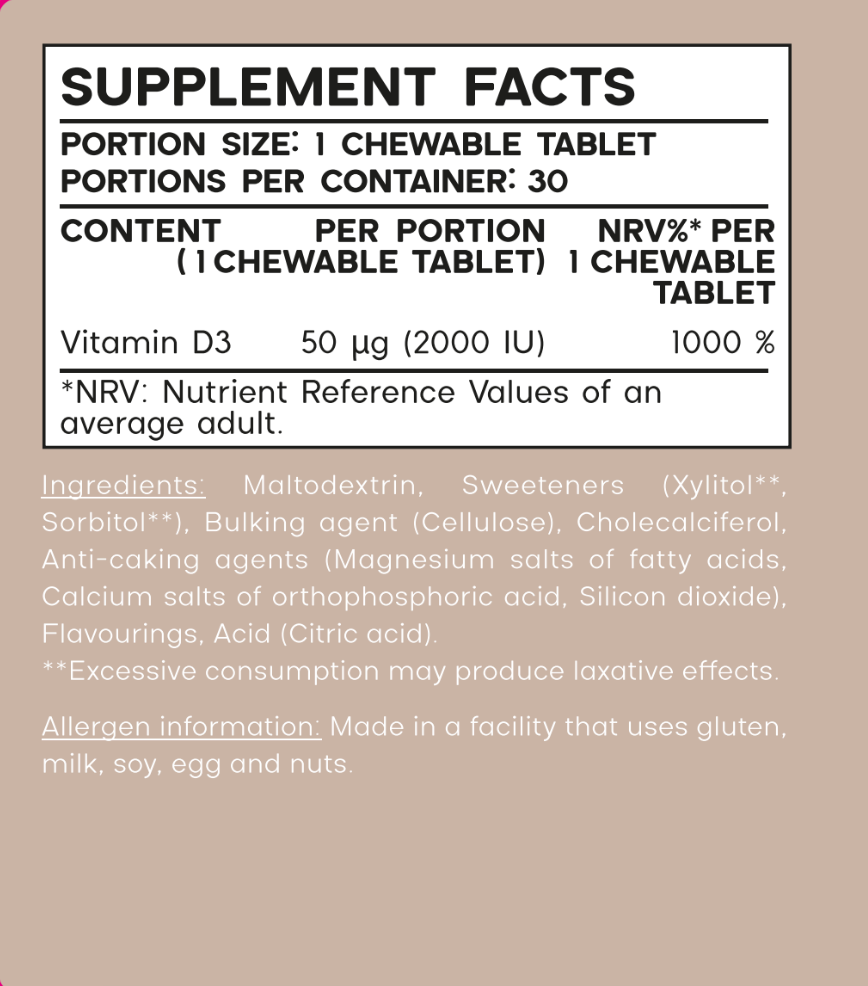 Chewable Vitamin D3 2000 UI tablets - Pineapple flavor