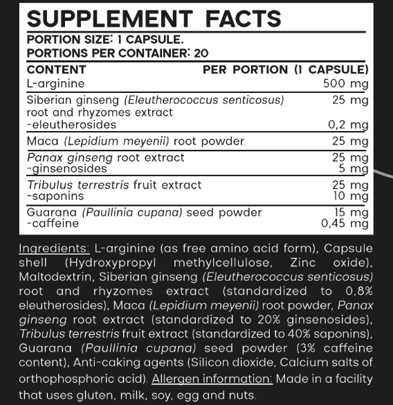 Potency Capsules with L-Arginine, Tribulus & Ginseng for Male Vitality and Stamina, 16g, 30 Capsules