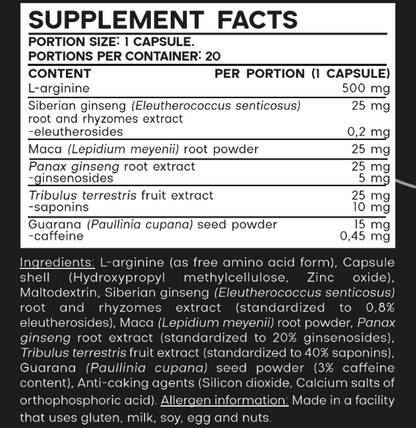 Potency Capsules with L-Arginine, Tribulus & Ginseng for Male Vitality and Stamina, 16g, 30 Capsules