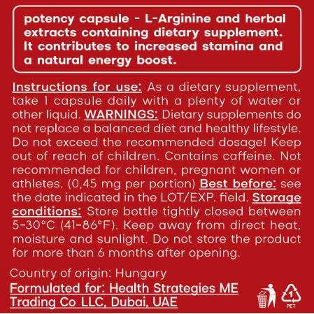Potency Capsules with L-Arginine, Tribulus & Ginseng for Male Vitality and Stamina, 16g, 30 Capsules